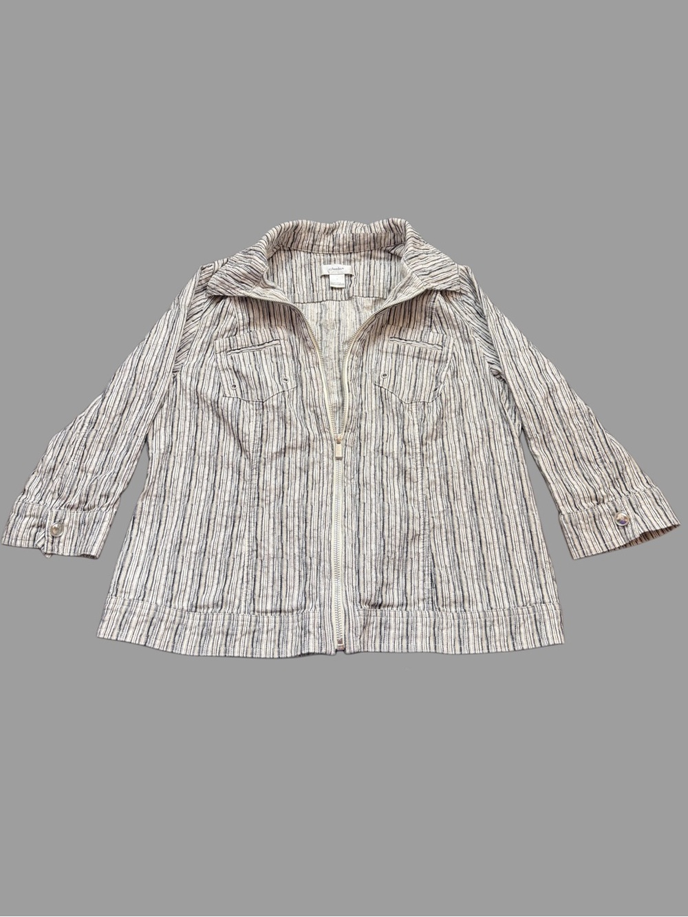 CJ Banks Cream and Black Striped Zip-Front Jacket